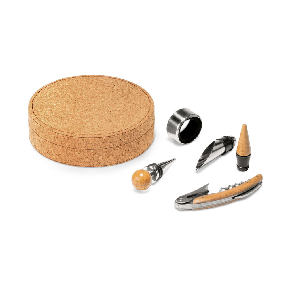 Wood and metal wine set in cork box