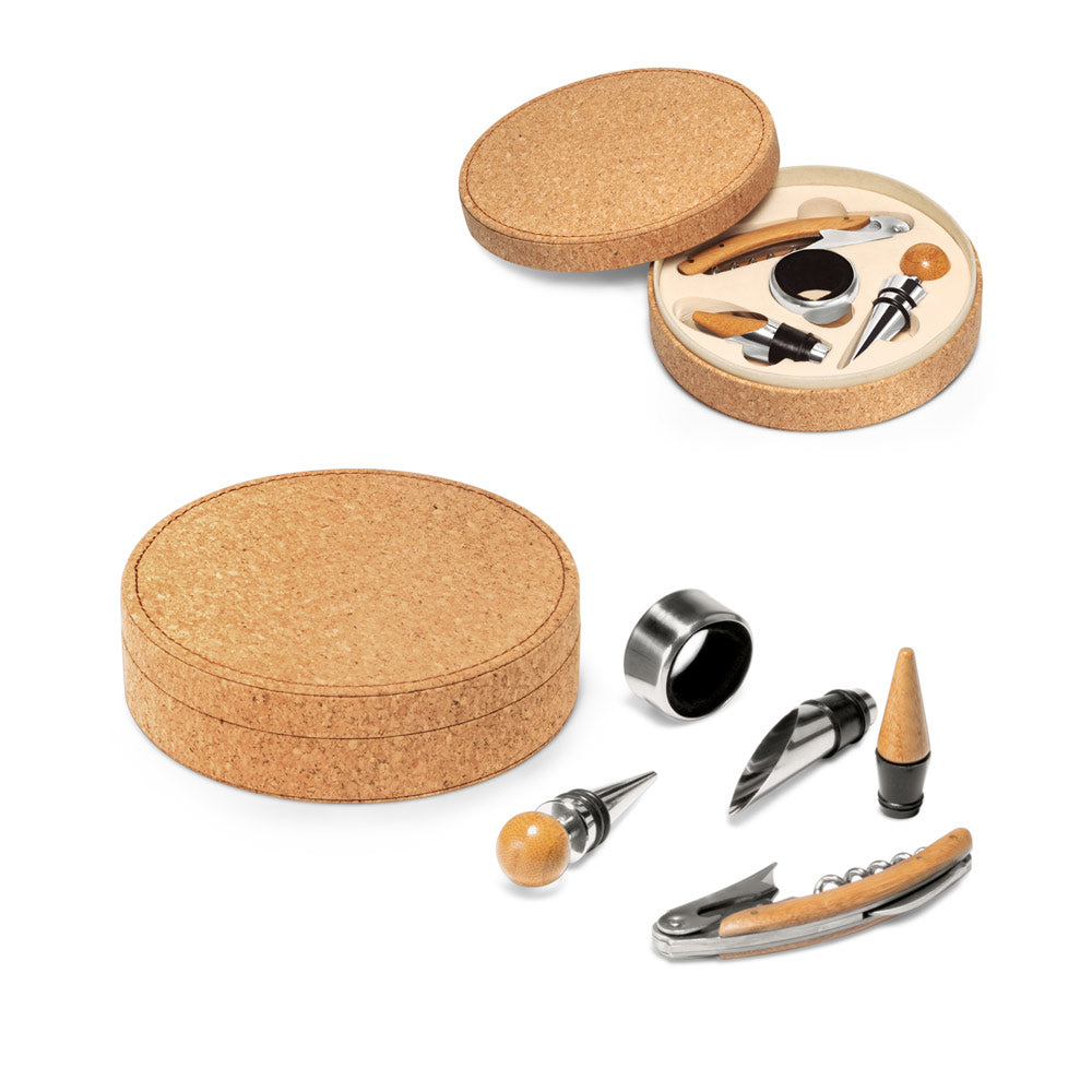 Wood and metal wine set in cork box