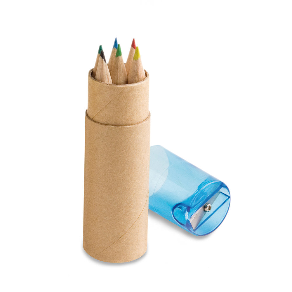 Box with 6 colored pencils and lid with sharpener