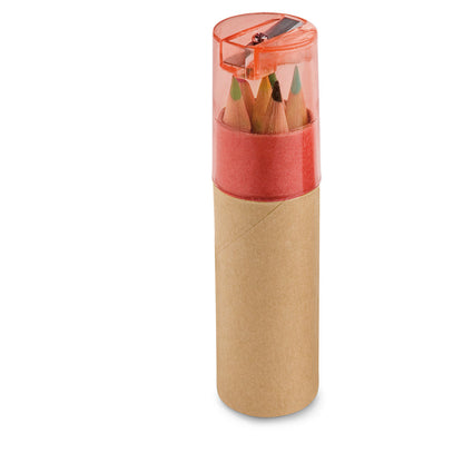 Box with 6 colored pencils and lid with sharpener