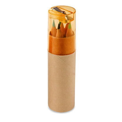 Box with 6 colored pencils and lid with sharpener