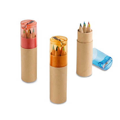 Box with 6 colored pencils and lid with sharpener